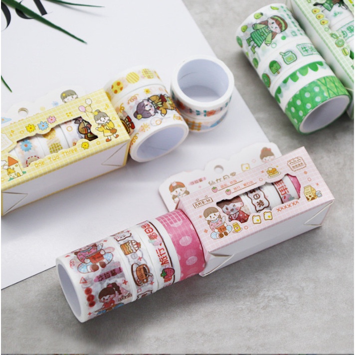 Hộp 4 cuộn băng dính trang trí đồ dùng cá nhân hình cô gái và món ăn siêu cute BAG U BANGDINHCOGAI4