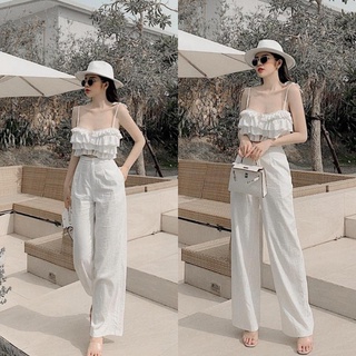 Quần đũi ống suông lưng thun quần culottes ống rộng chất liệu đũi dài 100cm lưng cao khóa thật cạp chun sau