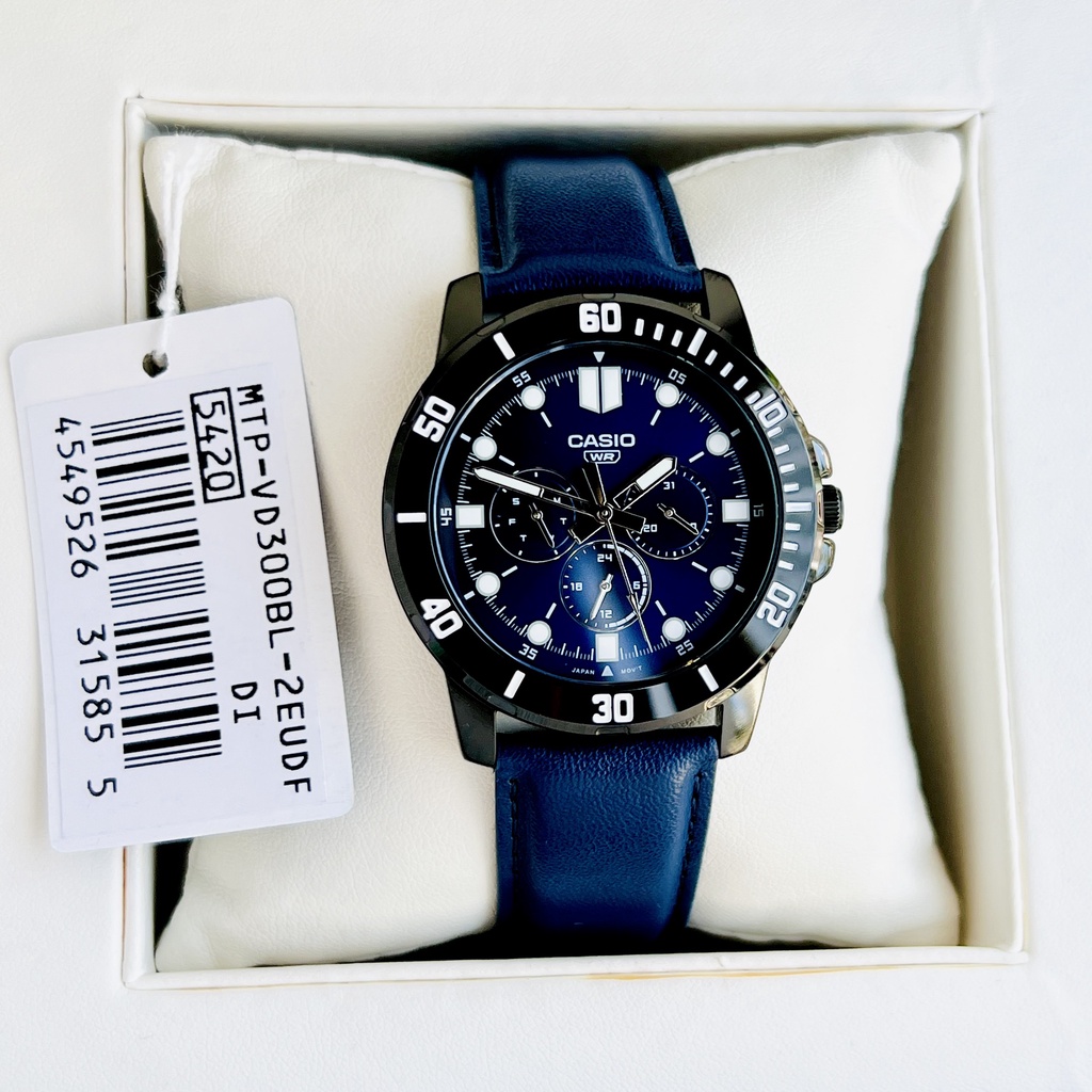 Đồng hồ nam cao cấp Casio MTP VD300BL -2E Dây da mặt xanh 6 kim viềng đen chống nước 3atm Bảo hành 1 năm Hyma watch