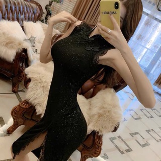 Đầm cổ tàu xẻ tà Ulzzang ánh kim