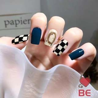 24 móng tay giả ngắn màu đen họa tiết sọc caro dành cho nữ
