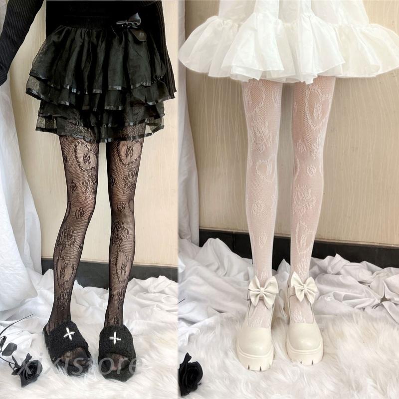 Xixi Quần Tất Lưới Xuyên Thấu Họa Tiết Hoa Hồng Phong Cách Lolita