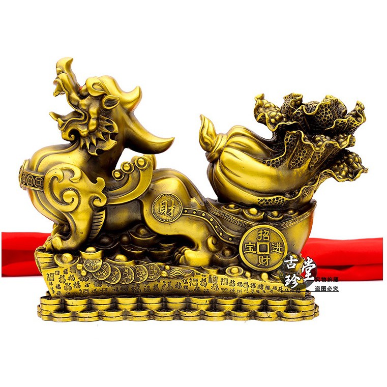 Tượng Kỳ lân tiền vàng chở bắp cải tài lộc may mắn  - Chất liệu đồng thau 36x27x14cm nặng 5,4kg (linh vật phong thuỷ )