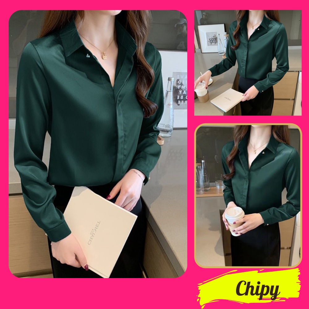 Áo Sơ Mi Nữ Công Sở Màu Xanh Lá Cổ Đức CHIPY Kiểu Hàn Quốc Vintage Ulzzang Form Rộng Dài Tay Đẹp Chất Lụa Cao Cấp A2X