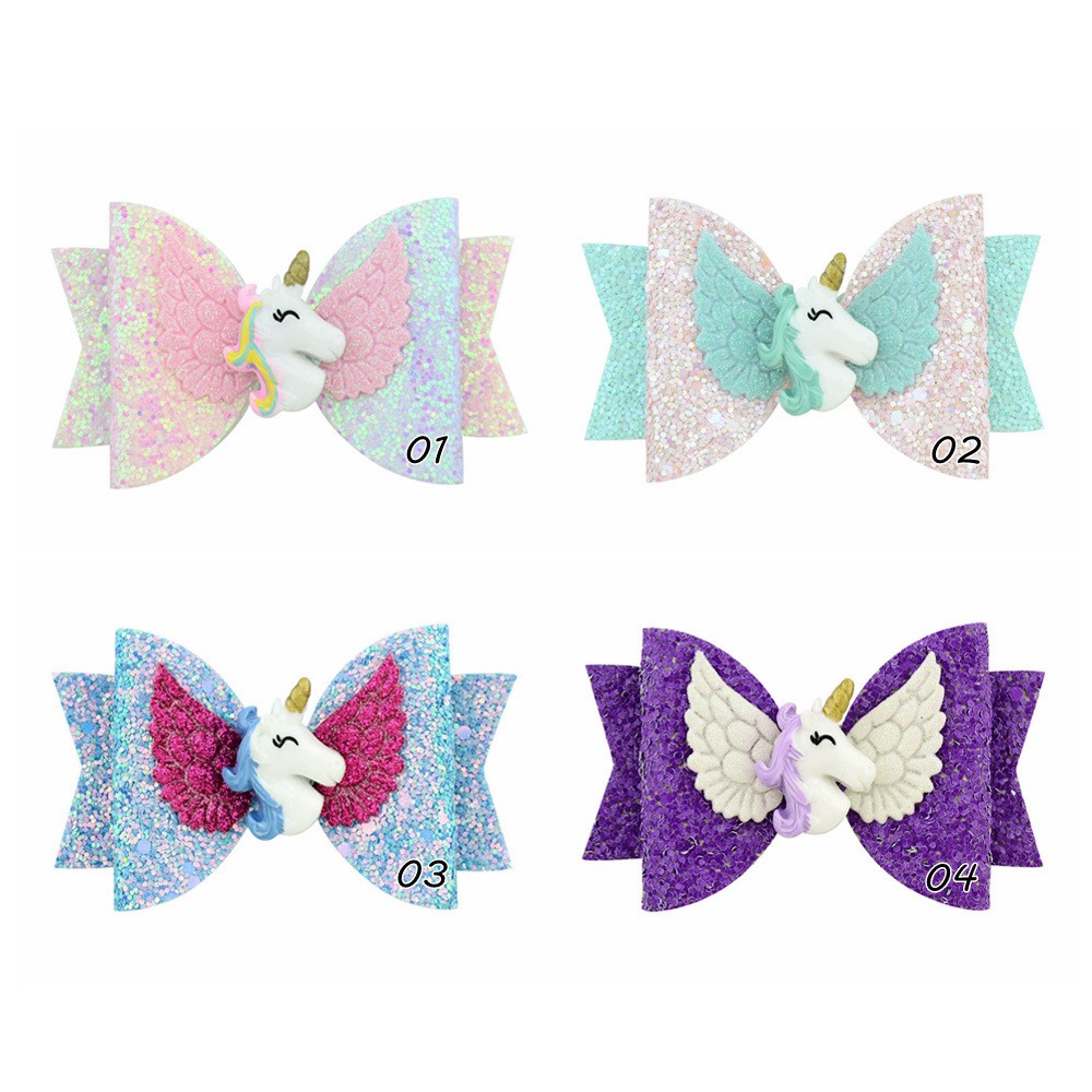 Kẹp tóc KIDSBOWS trang trí nơ kim sa đính kỳ lân hoạt hình xinh xắn dành cho trẻ em