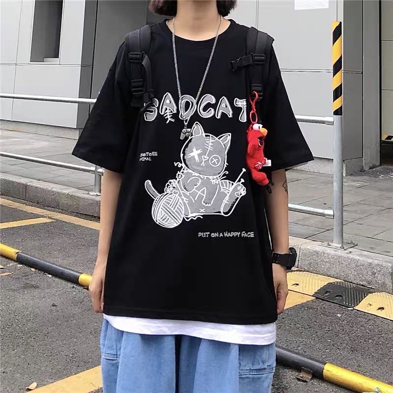 Áo thun tay lỡ form rộng unisex Sadcat dưới 75kg - áo phông nam nữ freesize in hình mèo phong cách ulzzang