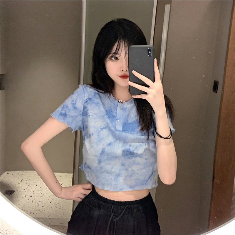 Careful machine design niche blue tie-dye drawstring BM wind top short cropped slim short-sleeved T-shirt women