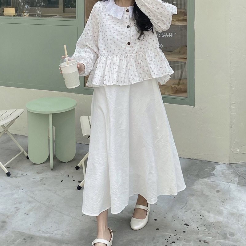 Áo babydoll hoa nhí phối ren cổ + cvay xoè dáng dài