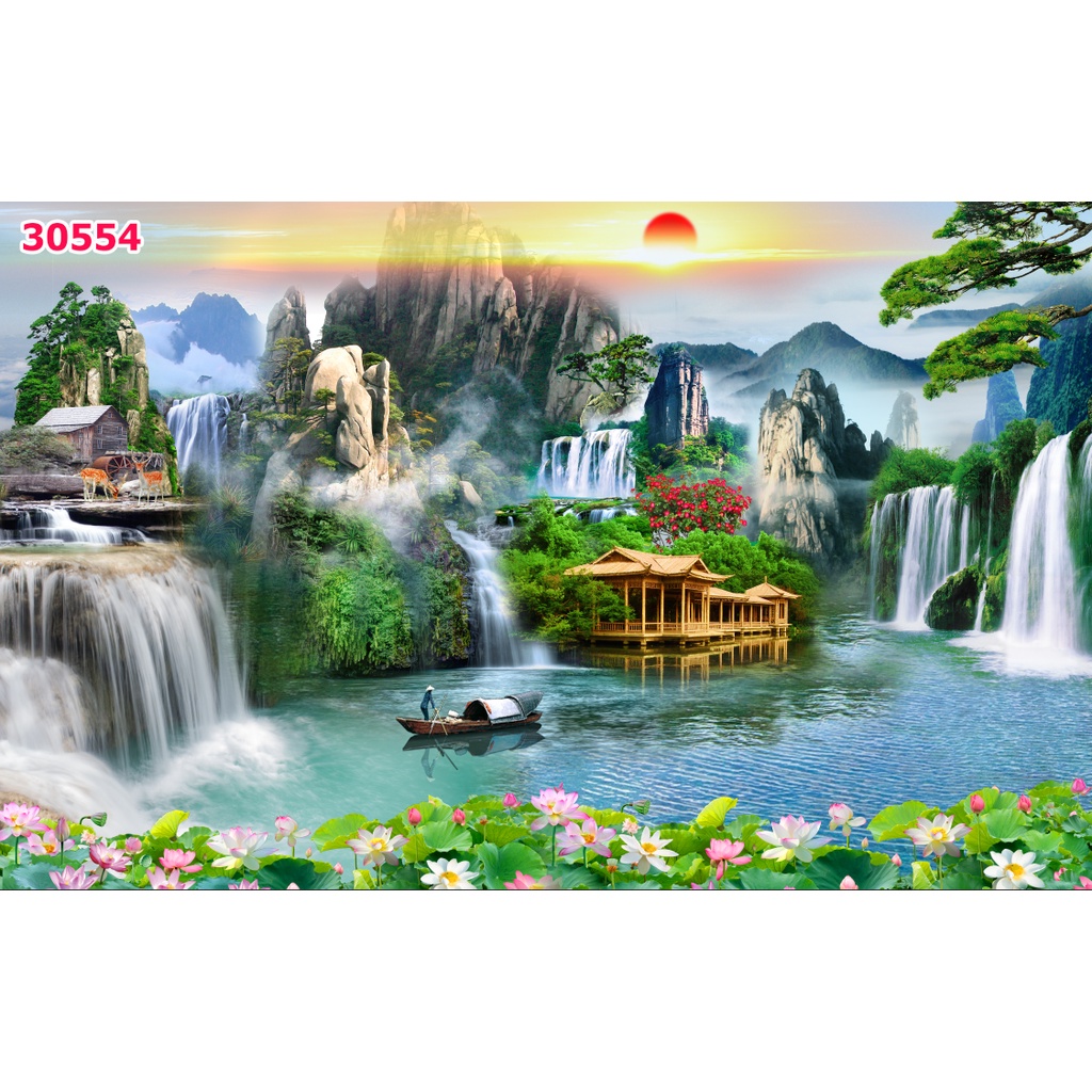 Tranh dán tường 3D phòng khách mẫu Sơn thuỷ hữu tình nhiều kích thước hình ảnh sắc nét