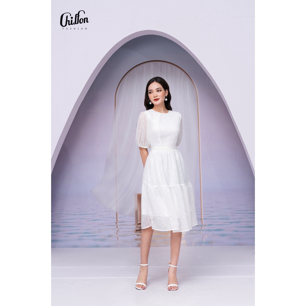 Váy xòe 2 tầng cổ tròn cao cấp thiết kế Chiffon, đầm nữ đẹp