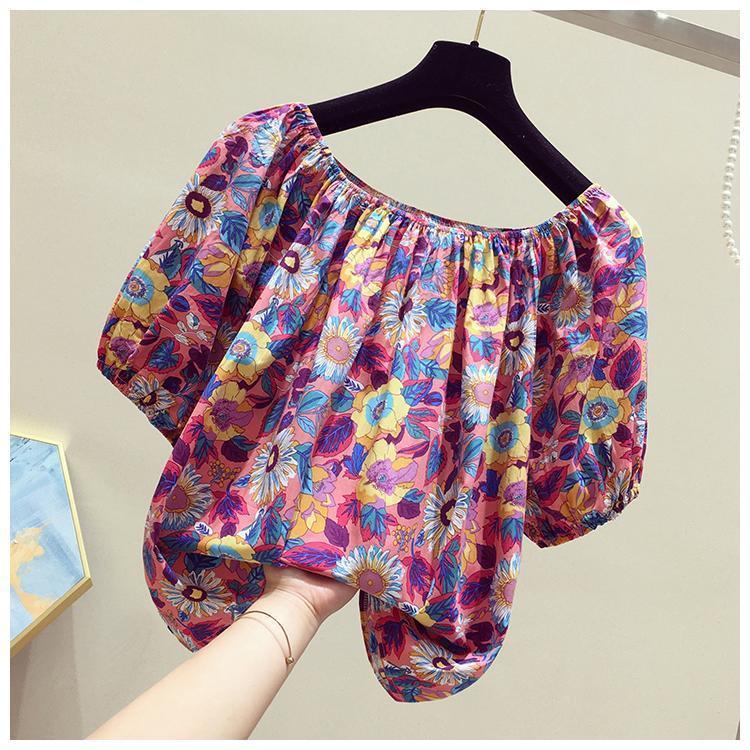Áo Chiffon Cổ Thuyền Tay Ngắn Hở Vai In Hoa Cổ Điển Thời Trang Hàn Quốc Cho Nữ
