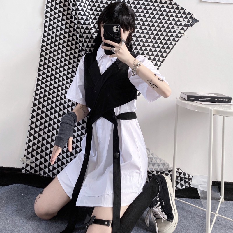 Sẵn - Set áo sơ mi dài dài + vest dáng lỡ phong cách Harajuku