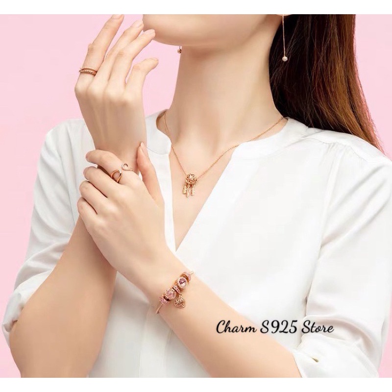 combo dây chuyền + 1 hạt charm pan hoa lá vàng hồng bạc s925 cao cấp