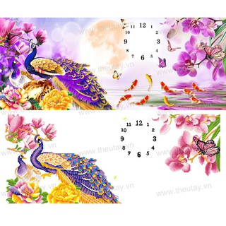 Tranh Đính Đá ABC 3D Đồng Hồ Khổng Tước Phú Quý DF437 (KHÁCH TỰ ĐÍNH) KT:110X50CM