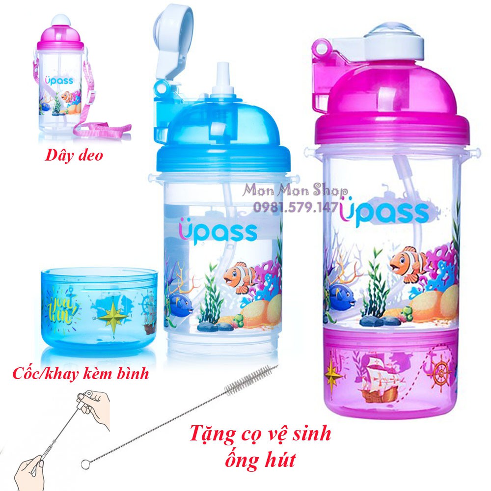 (Tặng cọ vệ sinh phụ kiện) Bình uống nước UPASS cao cấp nắp bật kèm khay đựng kẹo/ làm ly cốc uống nước cho bé 400ml