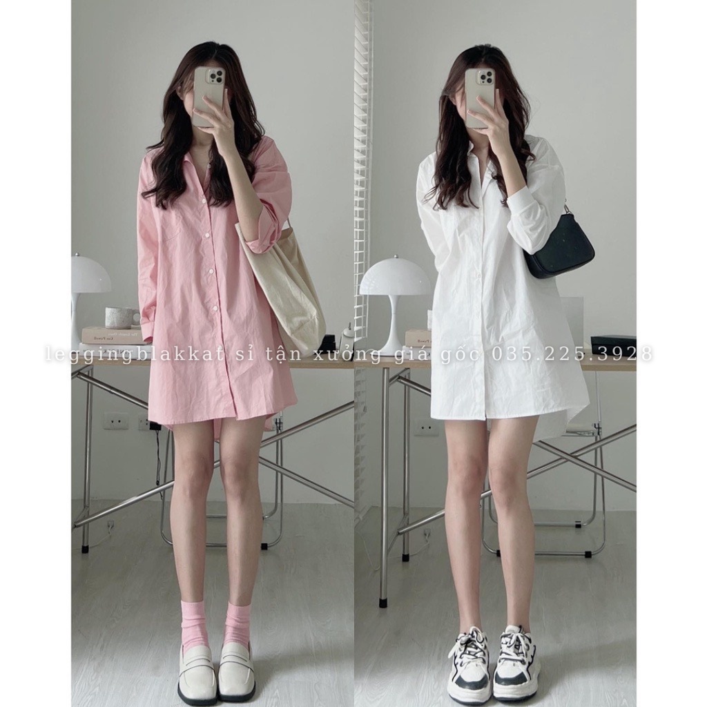 Váy sơ mi Ulzzang dáng lửng dài tay siêu xinh phong cách hàn quốc Váy sơ mi 5919