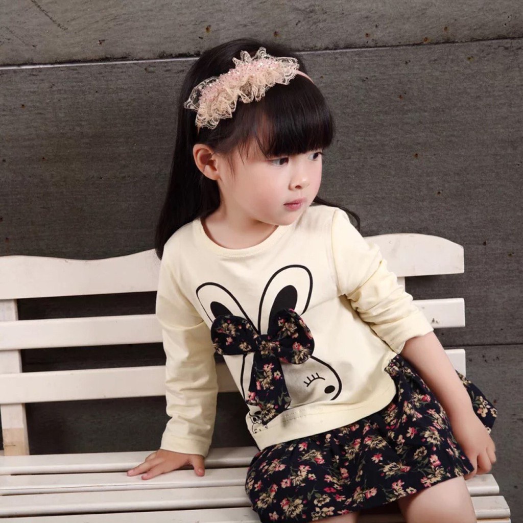 Váy thu đông dài tay họa tiết thỏ hoa cực xinh cho bé gái - Vải Quảng Châu siêu xịn