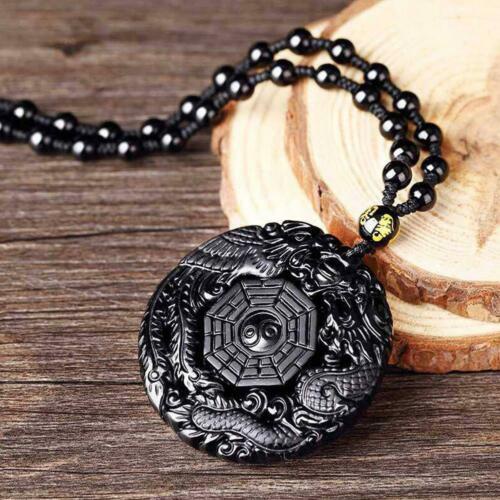 Vòng cổ Đá Obsidian Tự Nhiên Khắc Hình Rồng Và Phượng Hoàng Độc Đáo N7U4