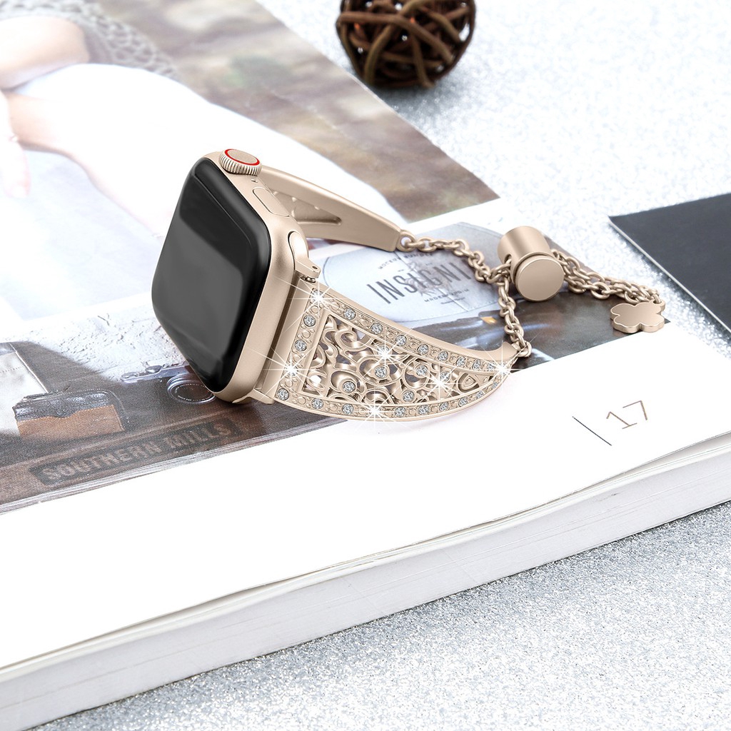 Dây đeo làm từ kim loại thép không gỉ đính đá cho Apple watch 7 41mm 45mm 38mm 40mm 42mm 44mm seri 7 6 se 5 4 3 2 1