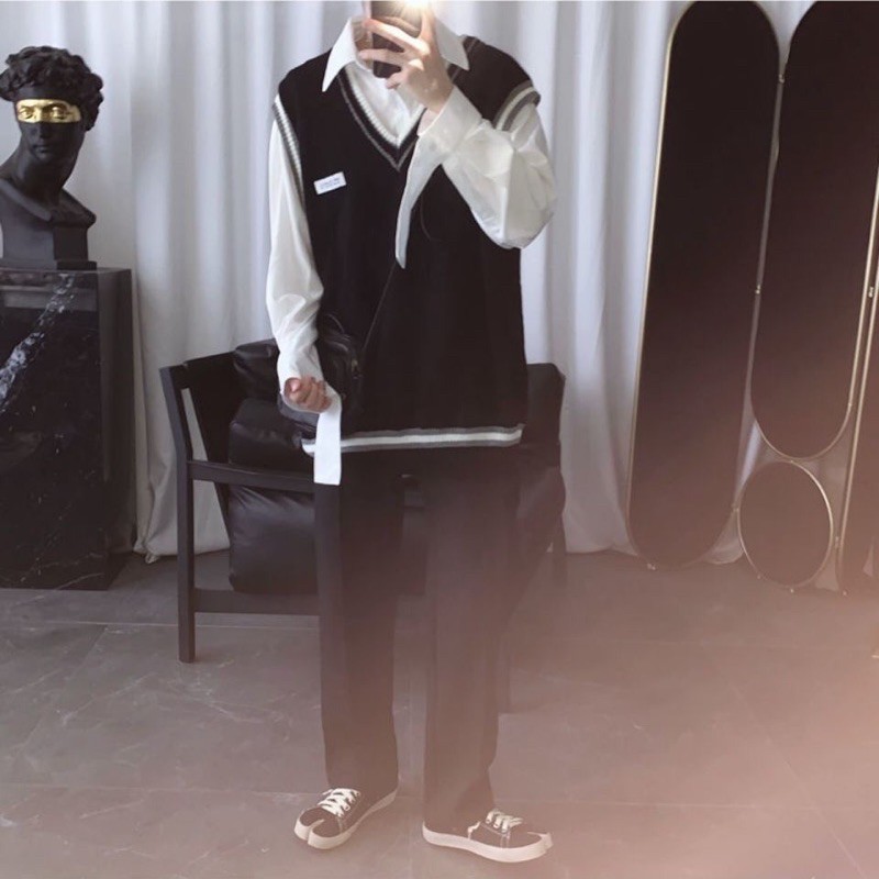 Áo gile đen phối viền 4 mùa unisex