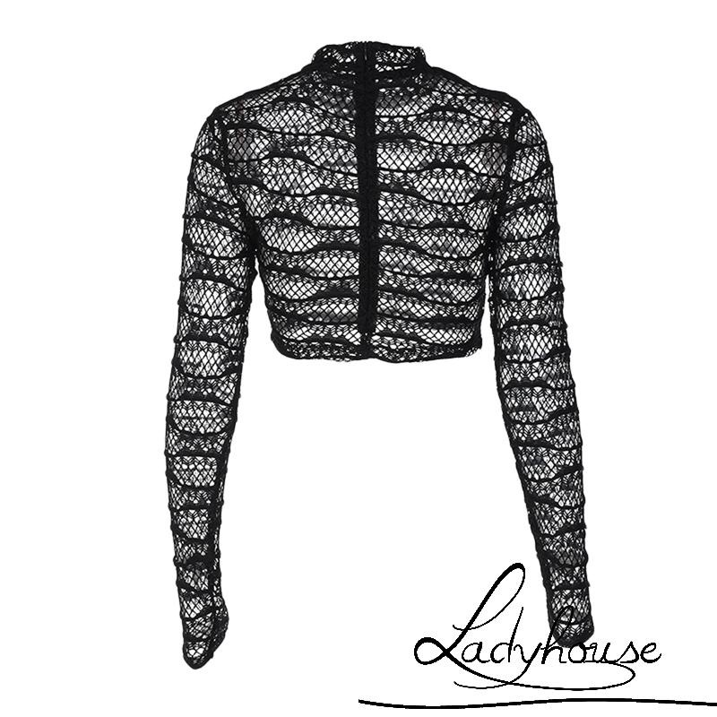 Áo thun lửng tay dài cổ lọ có khóa kéo hở lưng thời trang quyến rũ cho nữ