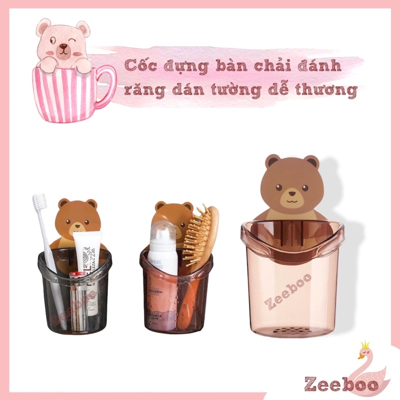 Cốc đựng bàn chải đánh răng, mỹ phẩm, đồ dùng phòng tắm dán tường hình gấu, chịu lực lên đến 5kg, siêu chắc, tiện dụng