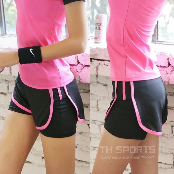 Bộ quần áo tập gym yoga nữ áo tay ngắn quần đùi 2 lớp TH SPORT (Bộ Áo Quần Hồng)