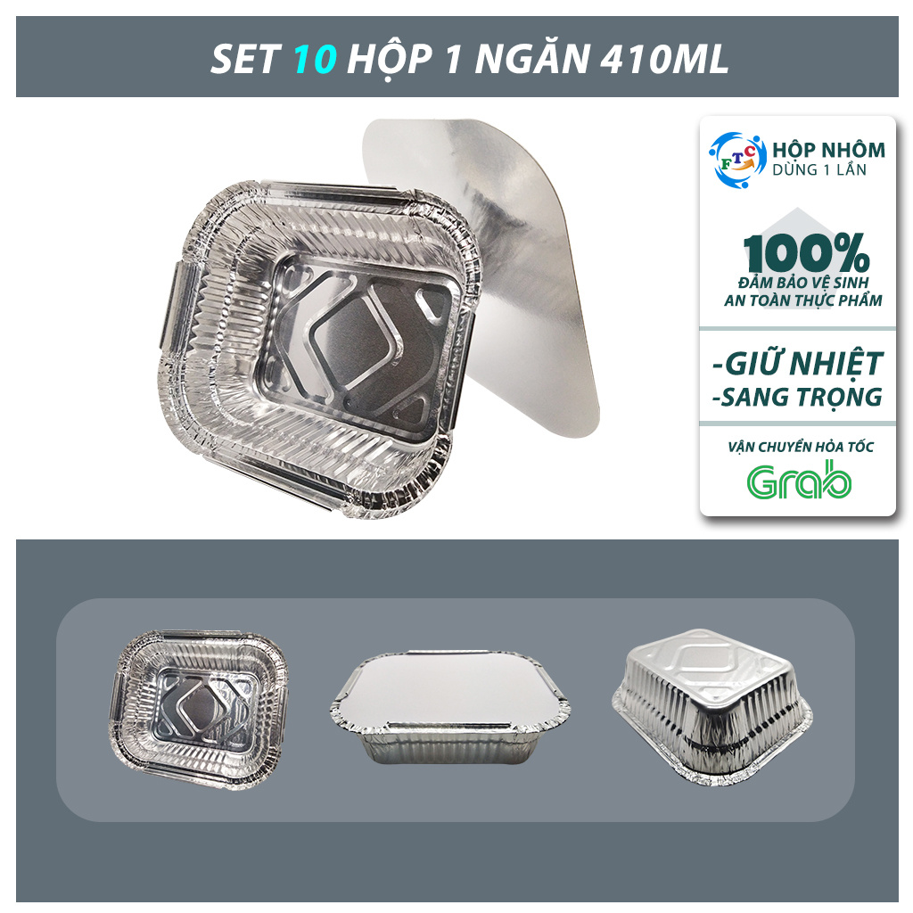 Khay nhôm FTC set 10 hộp nhôm 410ml đựng thực phẩm có nắp MS150
