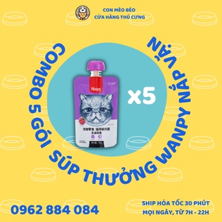 COMBO 5 Tuýp 90G Súp Thưởng Cho Mèo WANPY Nắp Vặn Vị Cá Hồi Cá Ngừ Cá Tuyết Gà - CONMEOBEO