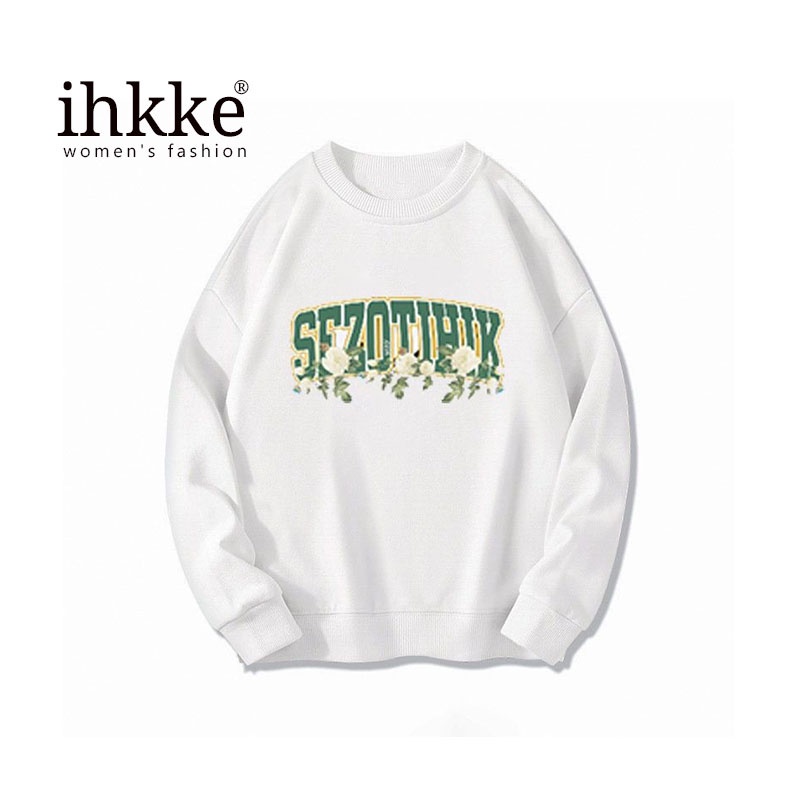 Áo sweater IHKKE cổ tròn màu đen/ màu trắng phong cách Mỹ thời trang mùa thu dành cho nam và nữ