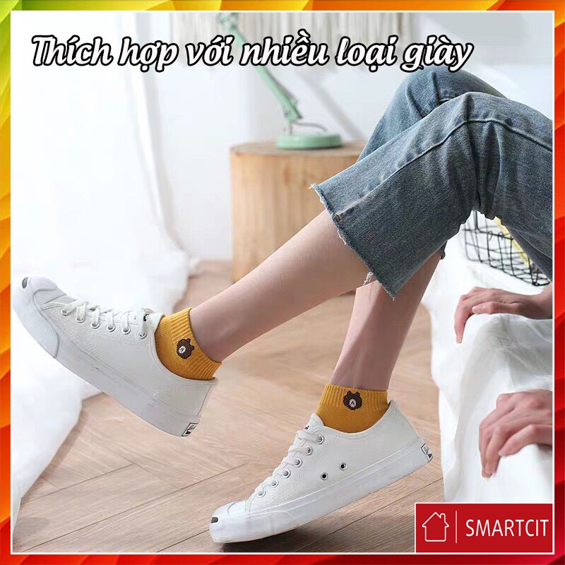 Set Tất vớ nữ cổ ngắn hình Gấu Brown loại 1 - tặng kèm túi rút lụa mờ sang mịn T3B1