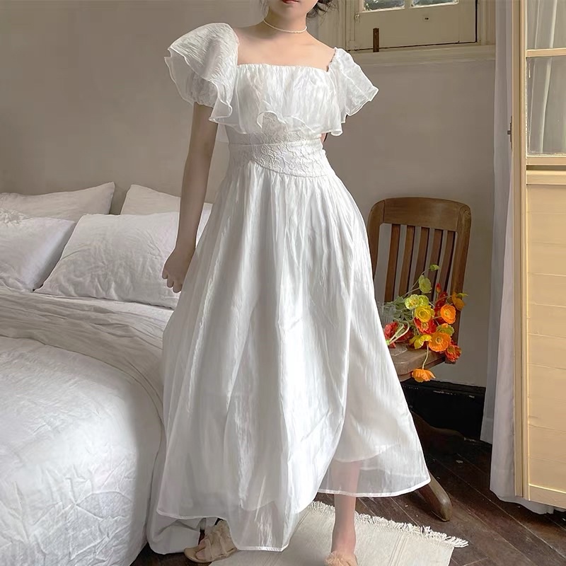 VÁY TRẮNG DÀI TRỄ VAI THÊU QUYẾN RŨ SANG TRỌNG-VÁY TRẮNG CÔNG CHÚA XOÈ BỒNG BỀNH TAY PHỒNG PROM KỈ YẾU
