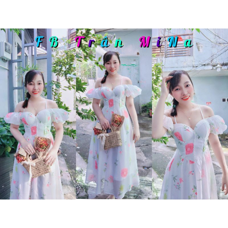 Đầm maxi trắng hoa 2 dây rớt vai cúp ngực nhà Bảo Trân Tít