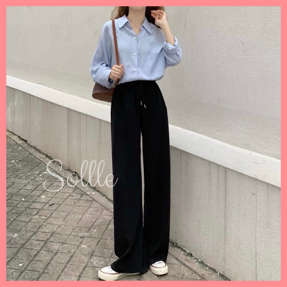 Quần len nữ ống suông rộng cạp chun culottes gân tăm free size chất mát Sollle
