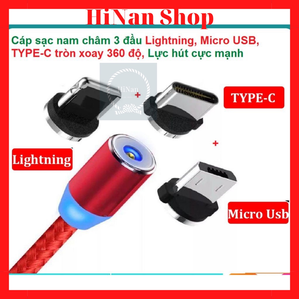 Dây Sạc Nam Châm 3 Đầu Dành Cho Tất Cả Các Loại Máy , Xoay 360 Độ Có Đèn Led Sạc Nhanh- HiNan Shop