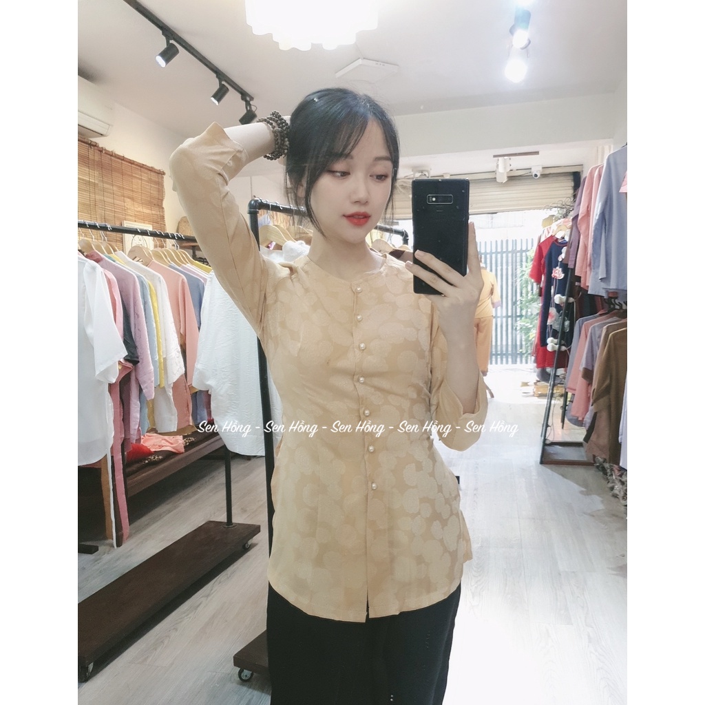 Áo bà ba lụa gấm Hàn Châu # Đồ Phật tử lụa cao cấp # bà ba vân gấm hoa sen cúc ngọc xinh xắn AB12 Be