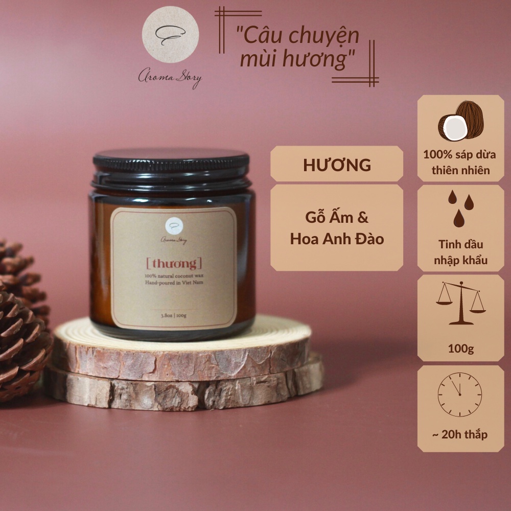 Nến Thơm Trang Trí, Cao Cấp, Tự Nhiên Aroma Story Hương Gỗ Ấm Và Hoa Anh Đào "Thương" Size 100g