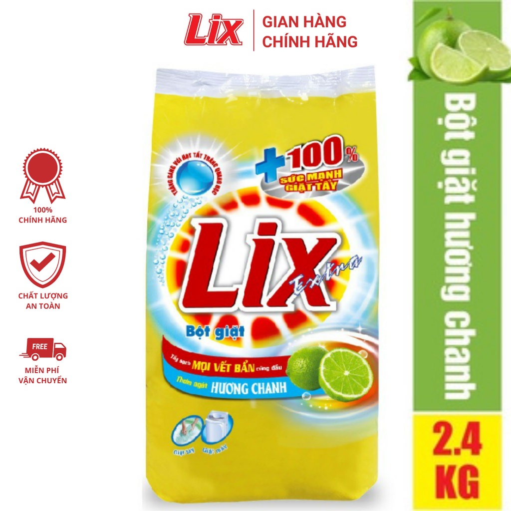 Bột giặt Lix Extra hương chanh 2,4Kg EC258 thơm mát làm sạch mọi vết bẩn cứng đầu cho giặt tay và máy