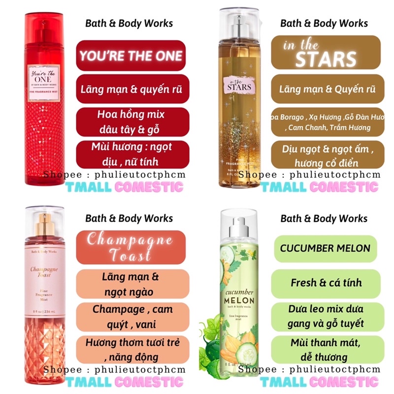 [Mã COSXANH100 giảm 10% đơn 250K] Xịt thơm toàn thân body mist Bath And Body Works 236ML Tmall Cosmetic | BigBuy360 - bigbuy360.vn