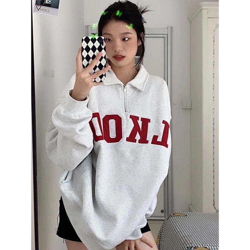 Áo sweater polo form rộng chất nỉ bông dày dặn màu ghi hoạ tiết chữ phong cách ulzzang SẴN