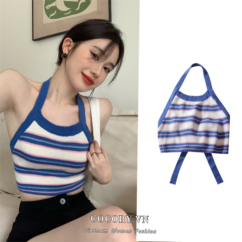 Cocory vn Áo Croptop Dệt Kim Kẻ Sọc Trễ Vai Quyến Rũ Thời Trang Mùa Hè Cho Nữ