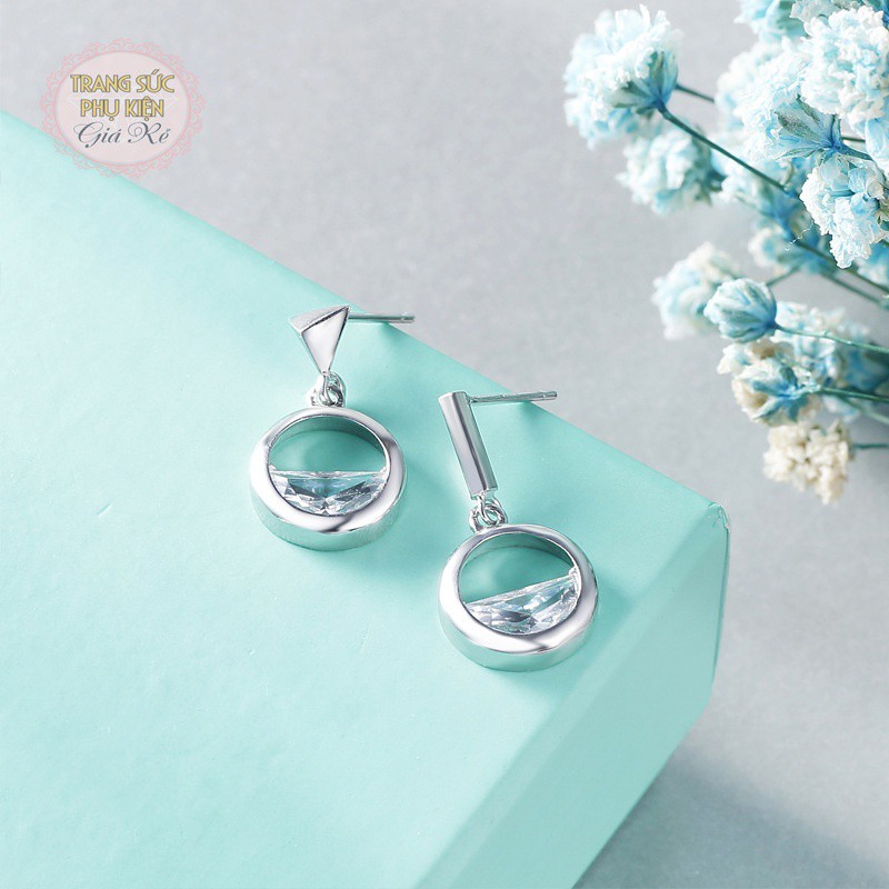 Bông tai thời trang cách điệu, vòng tròn đá HT161 bạc ý S925