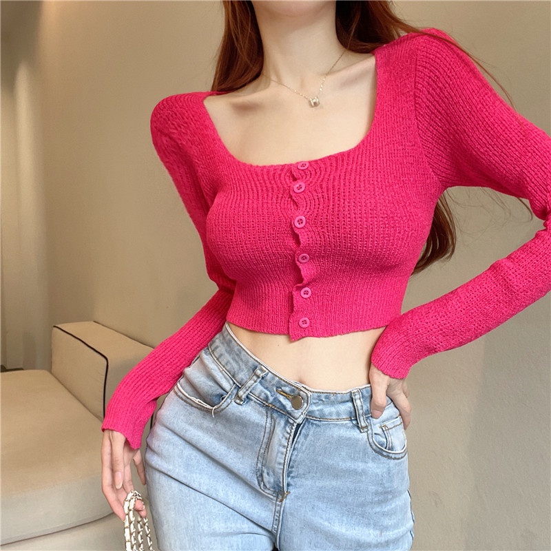 Áo Croptop Dệt Kim Tay Dài Cổ Vuông Màu Sắc Ngọt Ngào Thời Trang Mùa Thu Cho Nữ