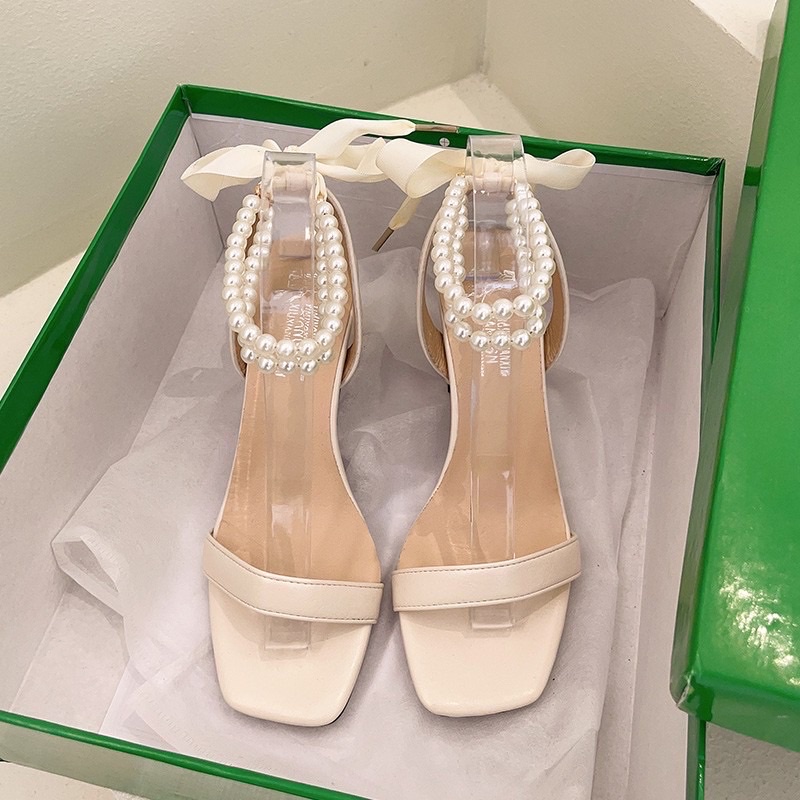 Giày sandal, giày cao gót cột nơ quai ngang đính ngọc buộc nơ tiểu thư cho nữ