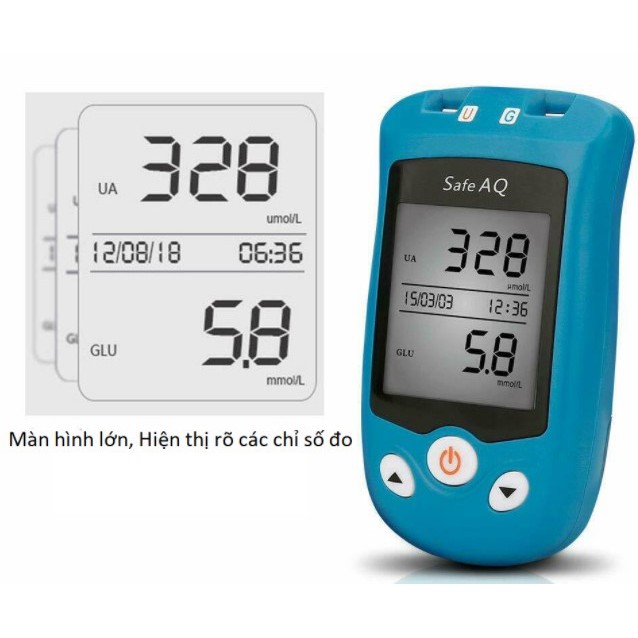 Máy đo đường huyết Axit Uric Safe AQ UG kèm (25 que thử đường huyết +50 que thử Axit Uric +100 kim chích) TẶNG đồng hồ