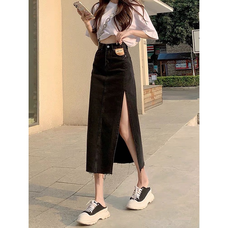 Chân Váy Jean Dài Xẻ Tà 2 Màu Đen Xanh, Labibi