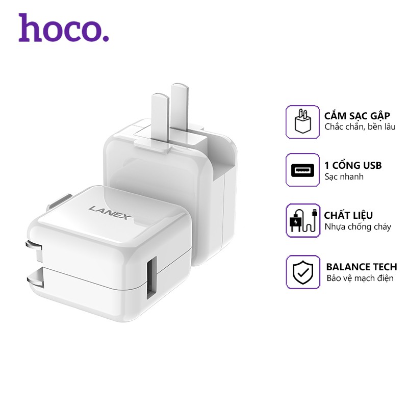 Cóc sạc nhanh Lanex LCT-N03C 1 cổng USB 2.1A, nhựa ABS, tương thích nhiều thiết bị