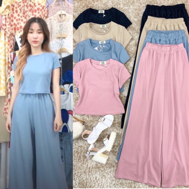 Set đồ bộ áo croptop trơn và quần dài ống suông rộng siêu tôn chân dài, mặc siêu ngọt ngào