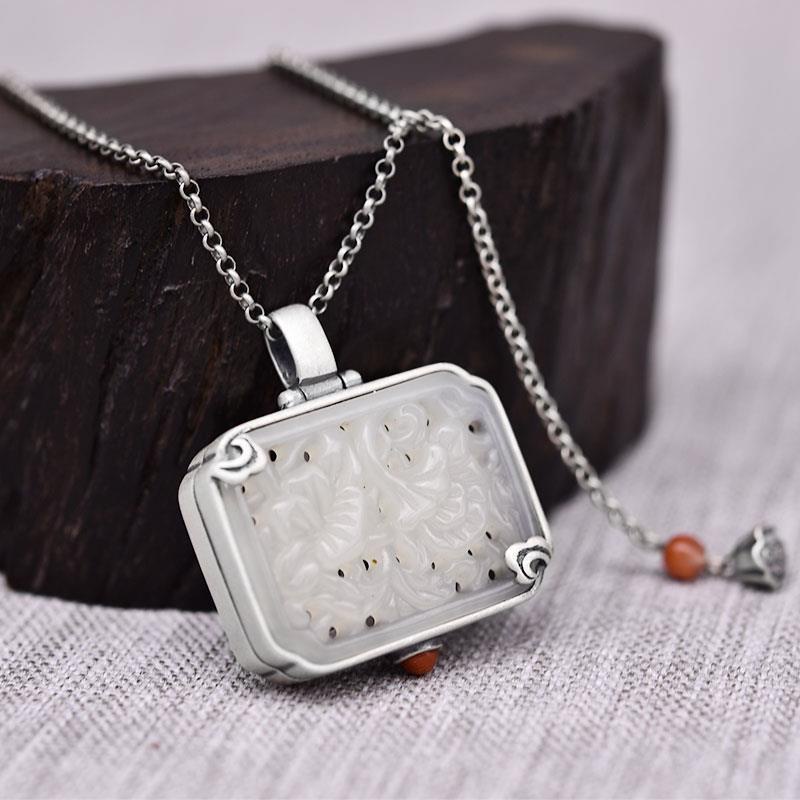 Chảo Mở♥Dây Chuyền Bạc 925 Mặt Hộp Đá Ngọc Bích Phong Cách Trung Hoa Cổ Điển Cho Nữ