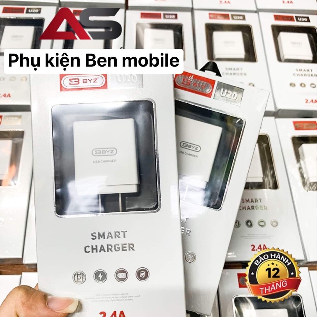 Bộ Sạc Nhanh 2 Cổng BYZ-U20 - 2.4A - Kèm Cáp Sạc Nhanh Chống Cháy Nổ - Chính Hãng